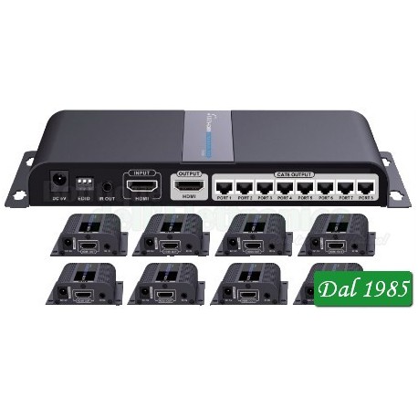 SPLITTER HDMI CON ESTENSORE DI SEGNALE ETHERNET CON PORTA HDMI PASSANTE E RIPETITORE DI TELECOMANDO POE 8 USCITE