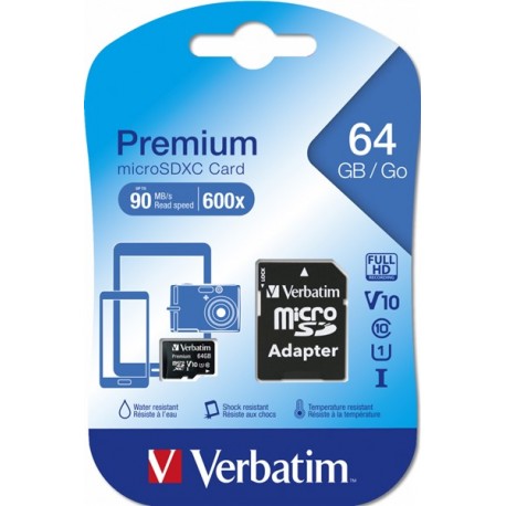 MICRO SD 64GB CLASSE 10 VERBATIN CON ADATTATORE SD