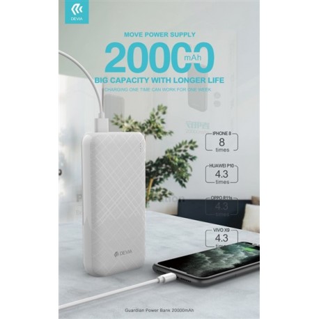 POWER BANK GUARDIAN 20,000 MAH 2 USCITE 5 VOLT 2,1 AMPER COLORE BIANCO