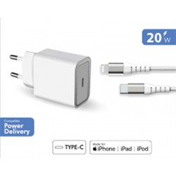 CARICATORE DA RETE DA 20 WATT TYPE-C COMPLETO DI CAVO LIGHTNING COLORE BIANCO GARANZIA A VITA