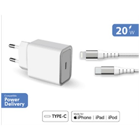 CARICATORE DA RETE DA 20 WATT TYPE-C COMPLETO DI CAVO LIGHTNING COLORE BIANCO GARANZIA A VITA