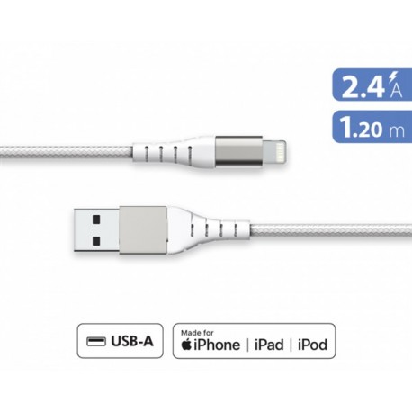 CAVO USB A/LIGHTNING RINFORZATO 1,2 M 2,4 A GARANTITO A VITA BIANCO - 100% PLASTICA RICICLATA FORCE POWER LITE