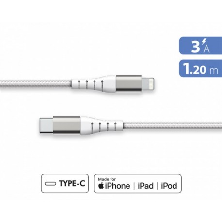 CAVO USB C/LIGHTNING RINFORZATO 1,2 M 3 A GARANTITO A VITA BIANCO - 100% PLASTICA RICICLATA FORCE POWER LITE