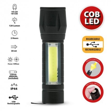TORCIA LED RICARICABILE 1 WATT CON ZOOM E LANTERNA LATERALE