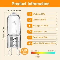 LAMPADA ALOGENA G9 25 WATT PER FORNO 300° GRADI 260 LUMEN 2700°K DIMMERABILE 230 VOLT