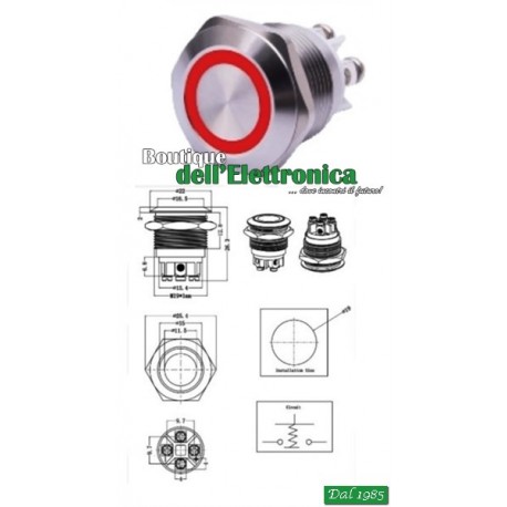 PULSANTE ANTIVANDALO LUMINOSO ROSSO 19 mm 24 VOLT
